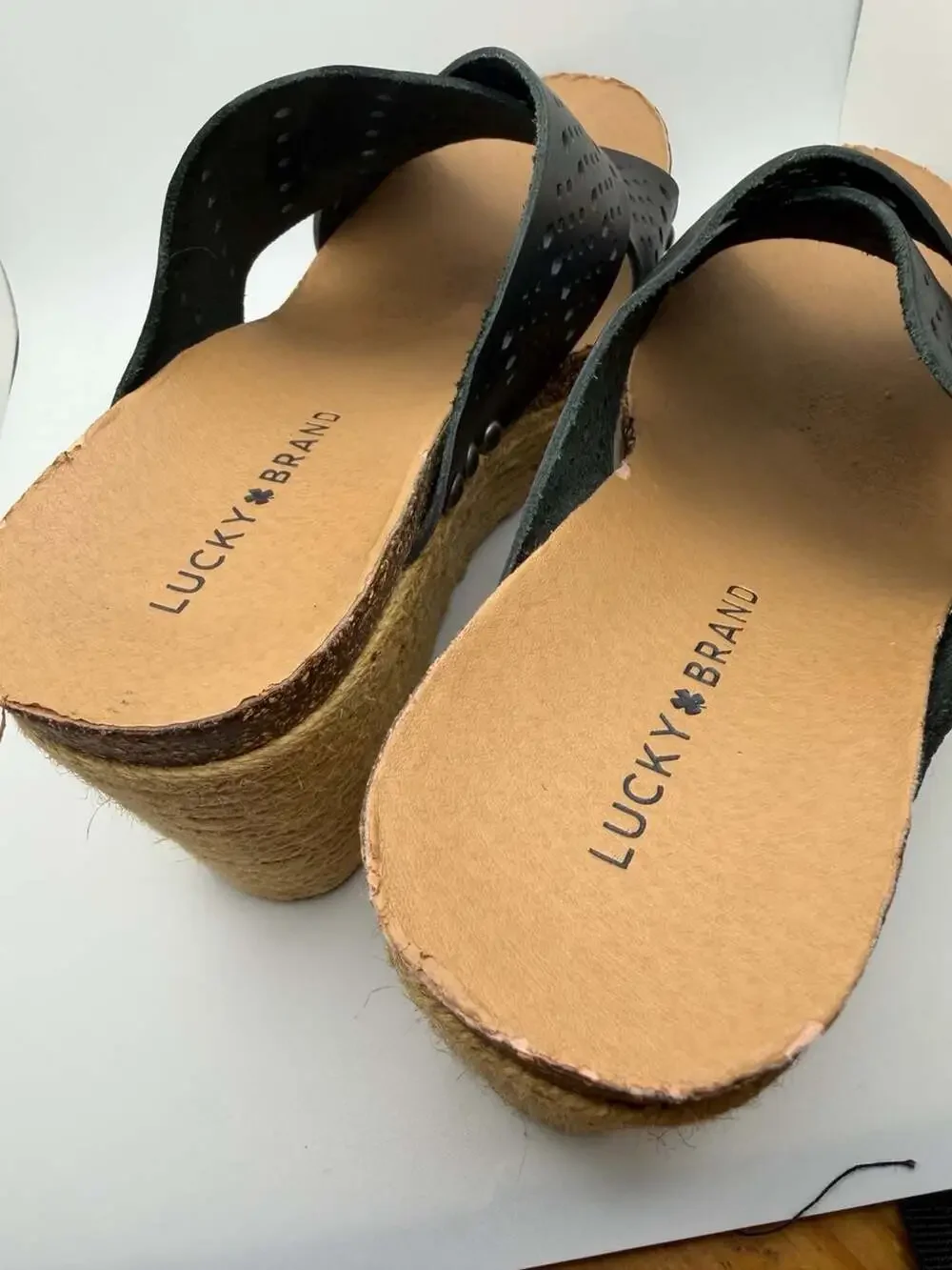 Lucky Brand Neeka Black Cutout Leather Espadrille Wedge Sandals